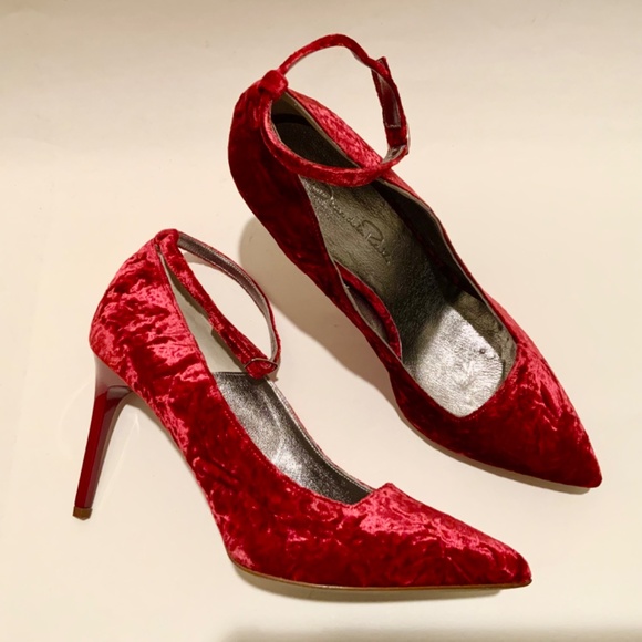 Oscar de la Renta Shoe Red Velvet Heels Stiletto Heel Dress Designer Shoes 37.5 - Picture 16 of 16